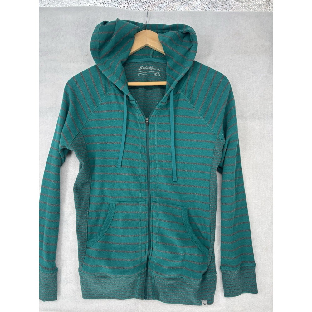 Eddie Bauer Teal Hoodie Womens PM Green Striped Full Zip Pockets Sweat Shirt